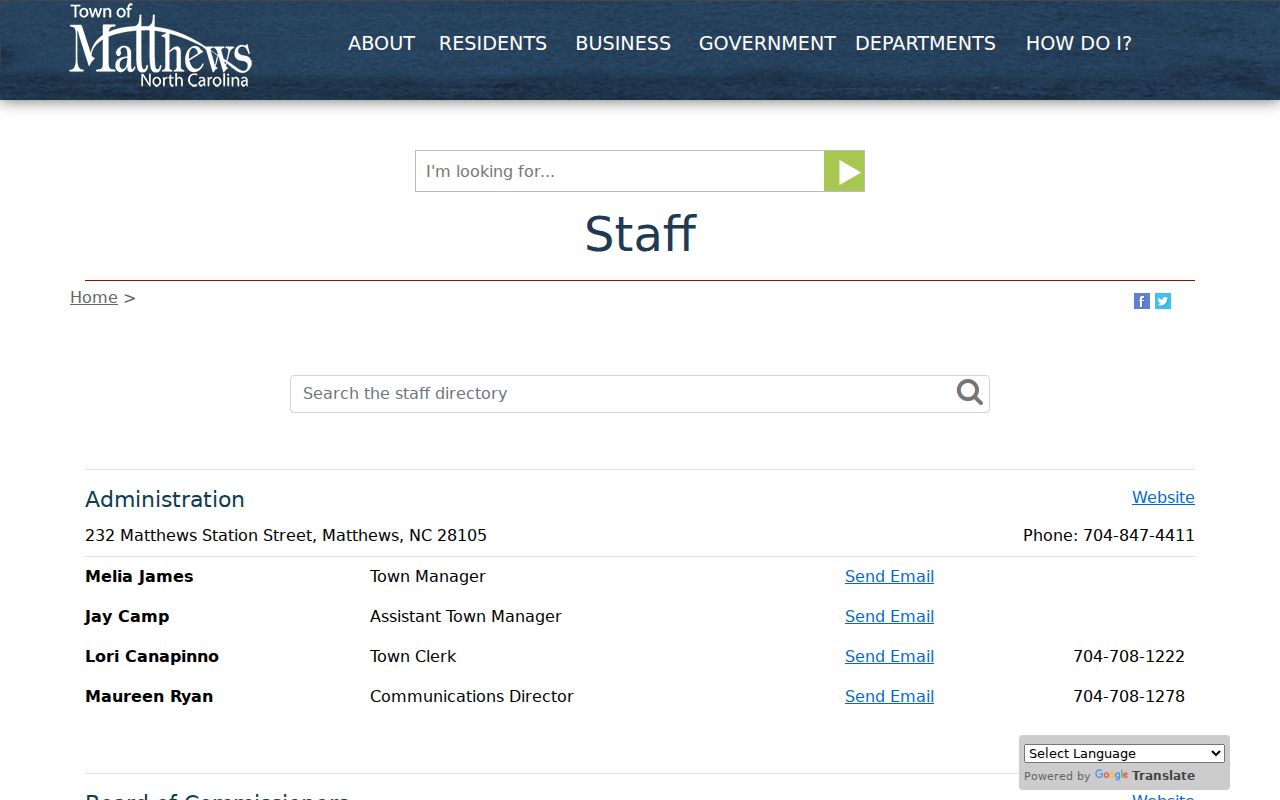 Matthews people directories Town staff search screen