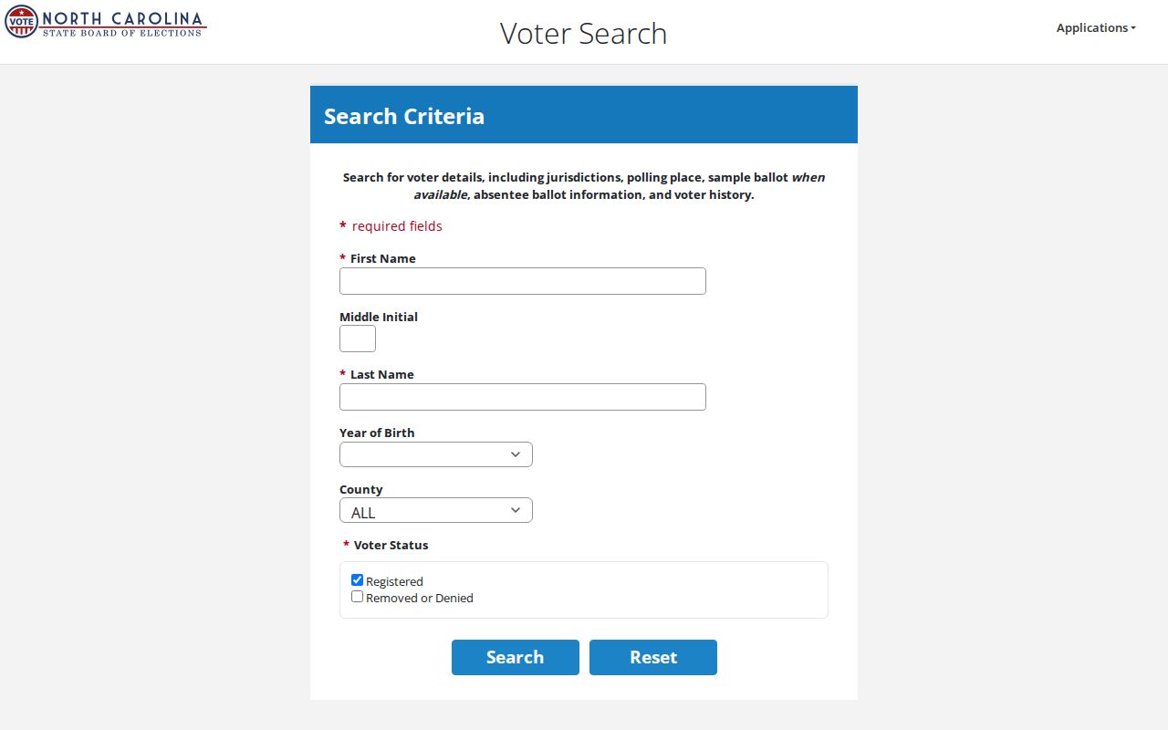 Matthews voter registration search controls on the NCSBE lookup